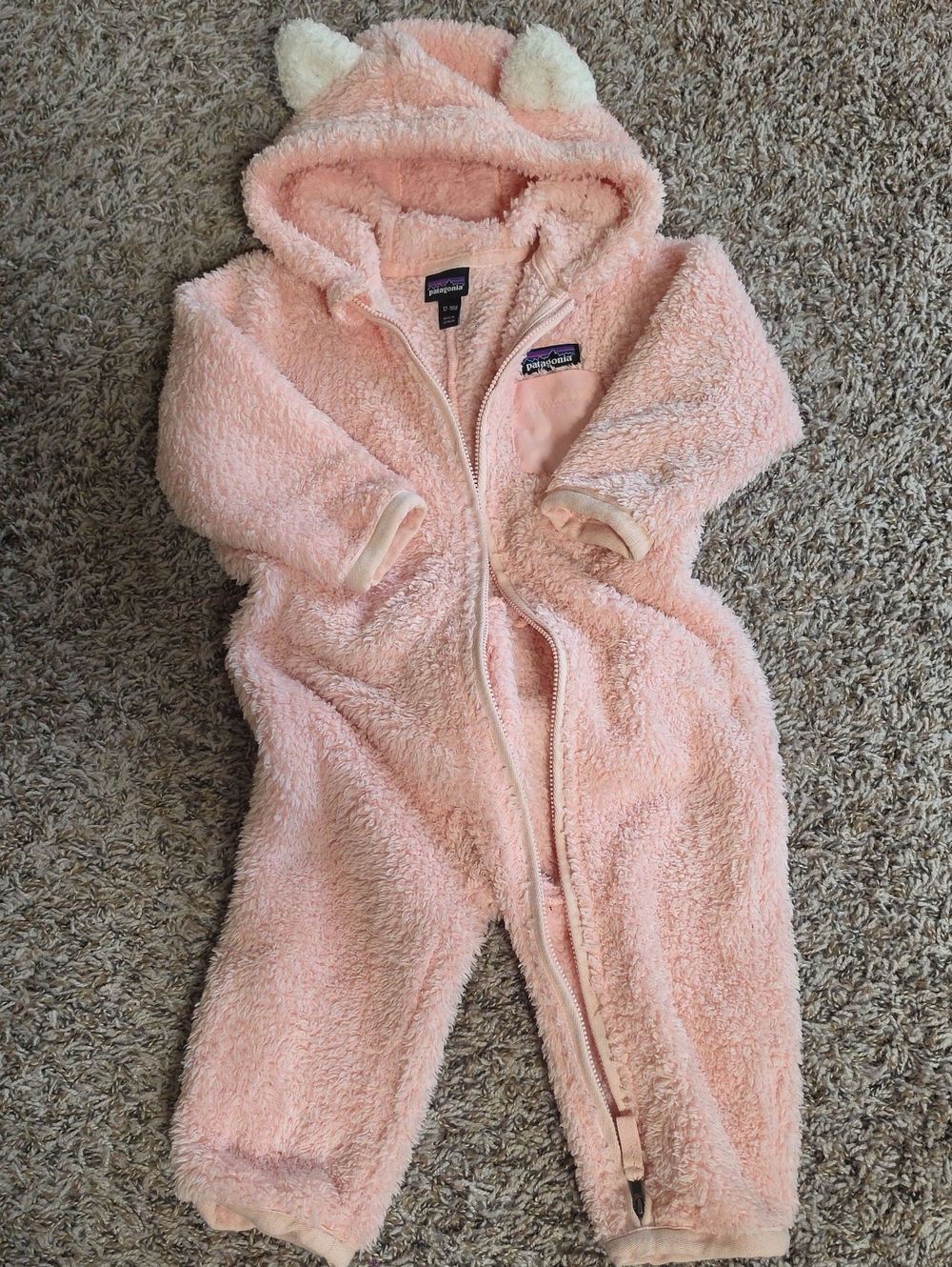 Patagonia Soft Pink Fuzzy Kids One-Piece Footie with Hood and Ears